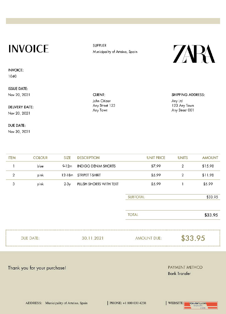 USA ZARA invoice template PSD template